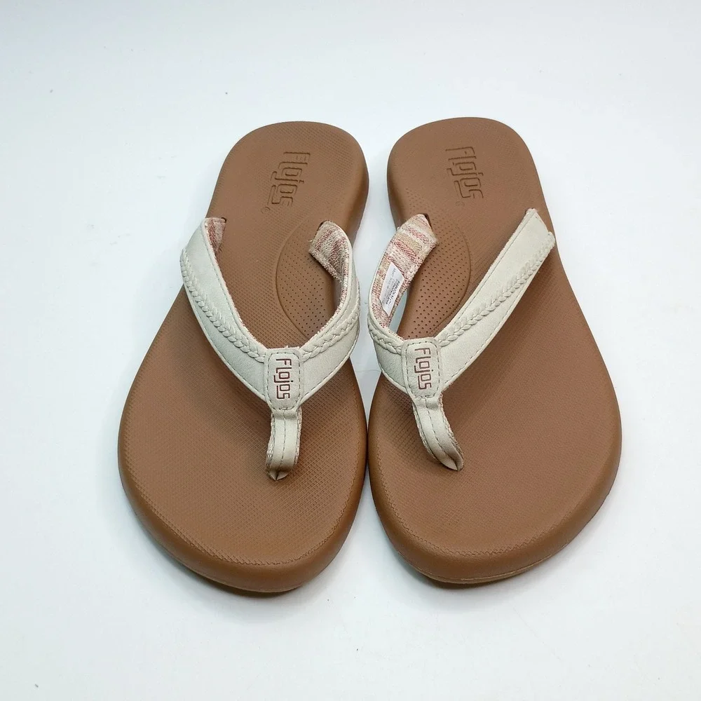 Flojos Fiesta Flip Flop Sandals Women Size 7 Tan Cream Woven Fabric Lining